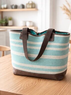 thirty-one Aqua and Cream Striped Tote with Brown Trim 20x13x8